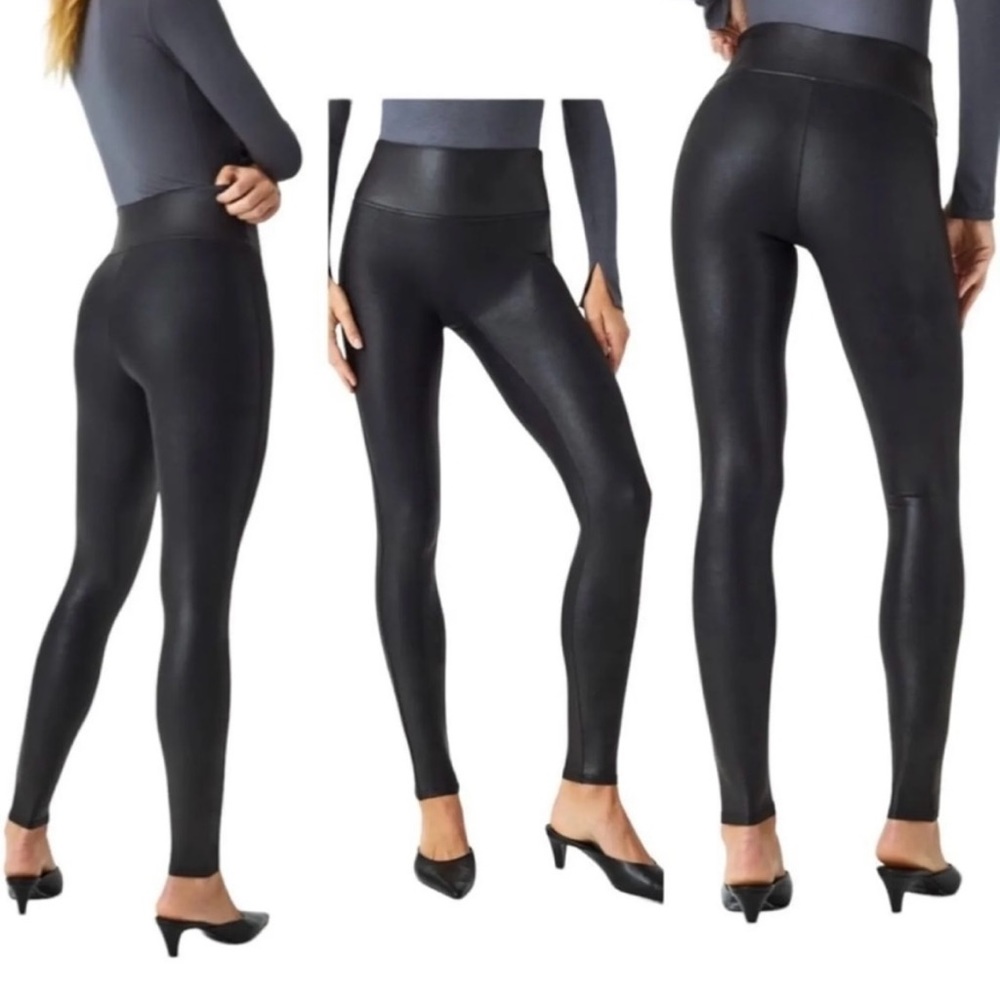 Spanx Women’s Leggings Vegan Faux Leather Liquid Black Ankle Size Medium